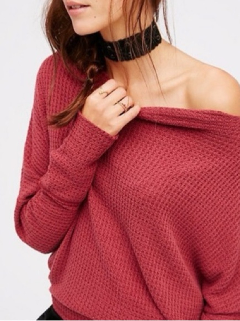 Free People Off-the-Shoulder Waffle Knit Sweater in Rosewood